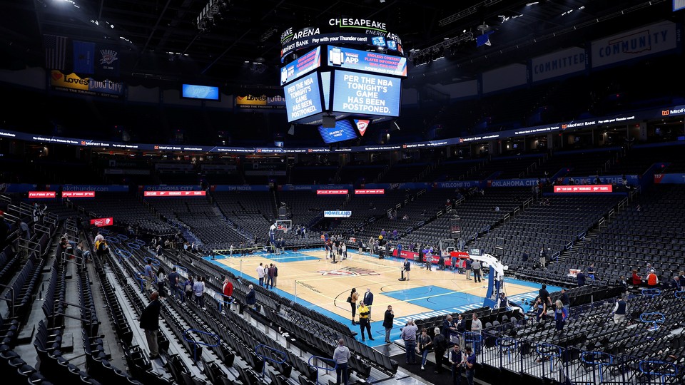 Fans leaving a canceled Utah Jazz-Oklahoma City Thunder game.