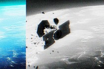 A satellite breaking apart in orbit around Earth, cast in black and white on the right and color on the left