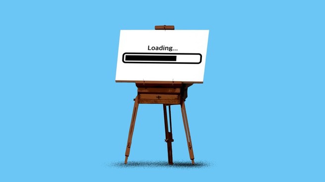 A loading sign on a canvas on an easel 