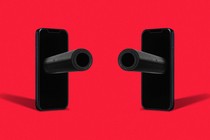 Cartoon image of two cellphones with tank guns emerging from their screens
