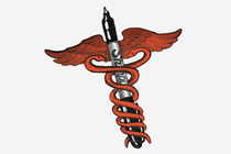 Ilustración de un marcador Sharpie negro como la vara de un caduceo, con alas y serpientes rojas entrelazadas alrededor.