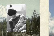 Photo collage of Olympic National Park and a black-and-white photograph of a young mother holding a baby