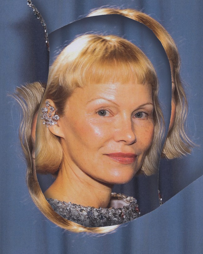 Pamela Anderson wearing an elaborate earring and matching blueish dress in front of a distorted outline of her image in front of a blue curtain