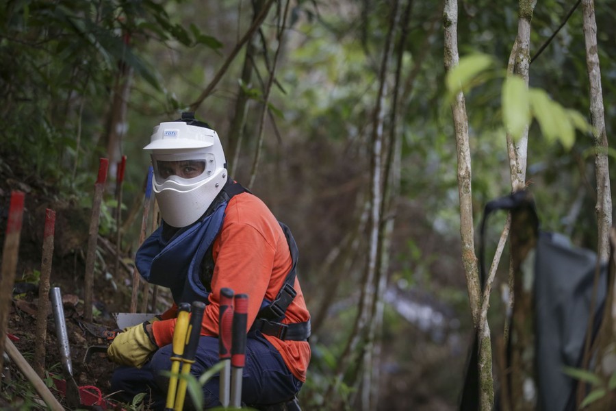 A person is seen kneeling down in a jungle, wearing protective equipment.
