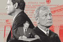 John Roberts from 2005 and 2025, and Ronald Reagan signing the voting rights act