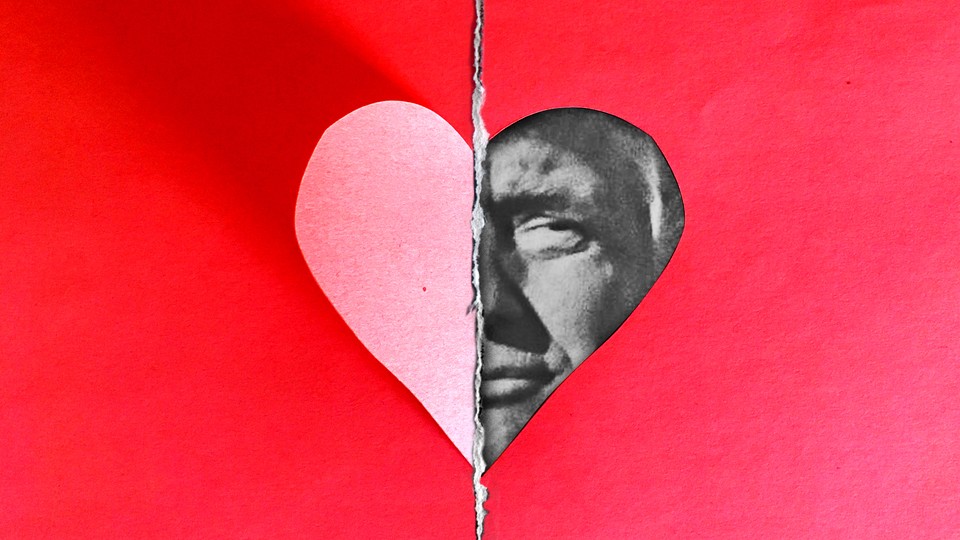 An illustration of a paper heart with Donald Trump's face filling in half of the heart icon