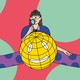 A person holds up a magnifying glass to inspect a large sphere with a smiley face and longitude and latitude lines.