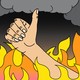 a cartoon hand gives a thumbs-up amid flames
