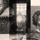 Illustration using two photos of bearded men, William Shakespeare and Christopher Marlowe