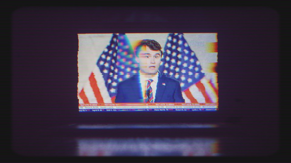 A glitchy photo of Charlie Kirk on a screen