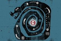 On a teal background a black snake, with white abstract symbols, coils around a radiant red and white coin, protecting it.