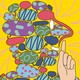 An illustration showing a person's head made up of speech bubbles but signing "shush" with their finger.