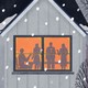 An illustration of four friends inside a house while snow falls outside.