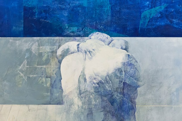 A painting of two people embracing, on a background of shades of blue