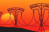 A series of electrical-transmission line towers in the shape of Tesla's logo against an orange sky