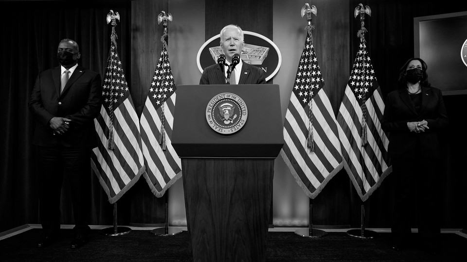President Joe Biden speaks at the Pentagon alongside Vice President Kamala Harris and Defense Secretary Lloyd Austin