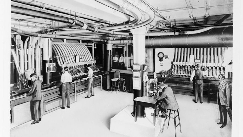 A pneumatic-tube station in the Sears, Roebuck & Company mail-order plant in Chicago