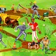 baseball diamond with a woman in tracksuit driving a bulldozer, mowing lawn, drawing different paint lines and digging holes.