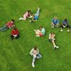 Group of children reading on grass, elevated view