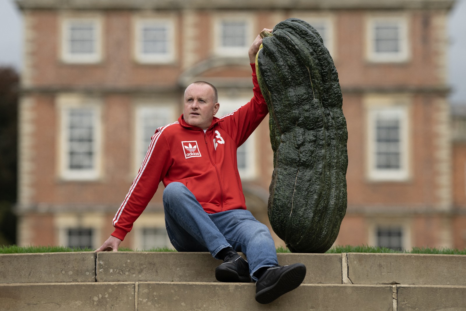 A man sits proudly beside his giant marrow, or zucchini, after it won a prize and an agricultural show.