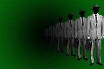 A row of faceless men in gray suits fading into a darkening green background