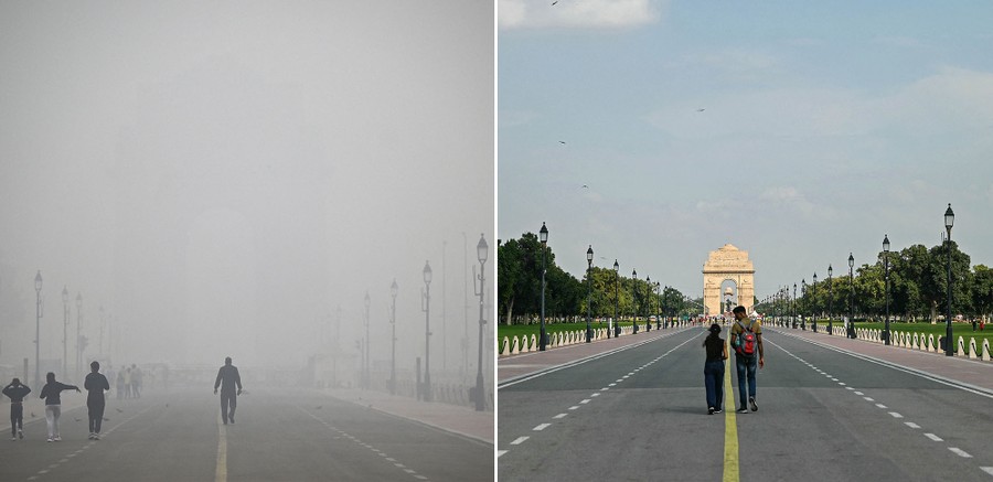 A pair of photographs showing a very smoggy scene on the left side, and on the right, a photo of the same location under blue skies two months earlier
