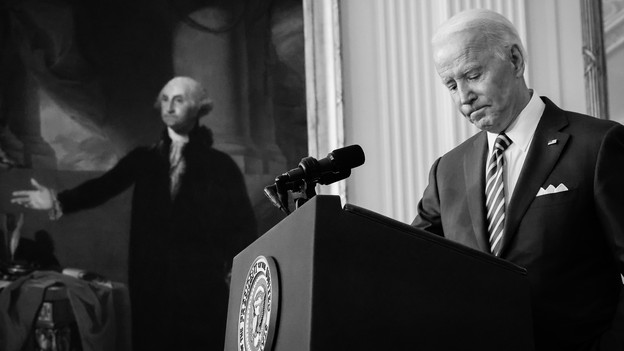 A black-and-white photograph of President Biden