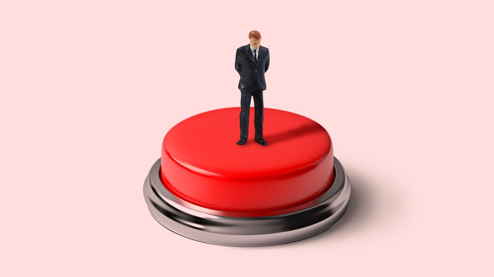Illustration of a man standing on top of a red button