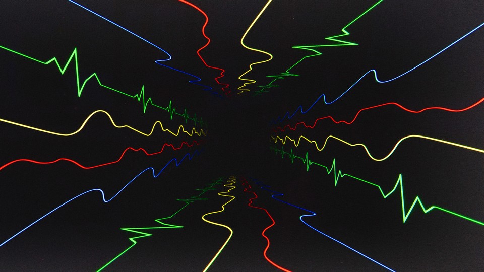 Squiggly red, blue, yellow, and green lines resembling electrocardiograms