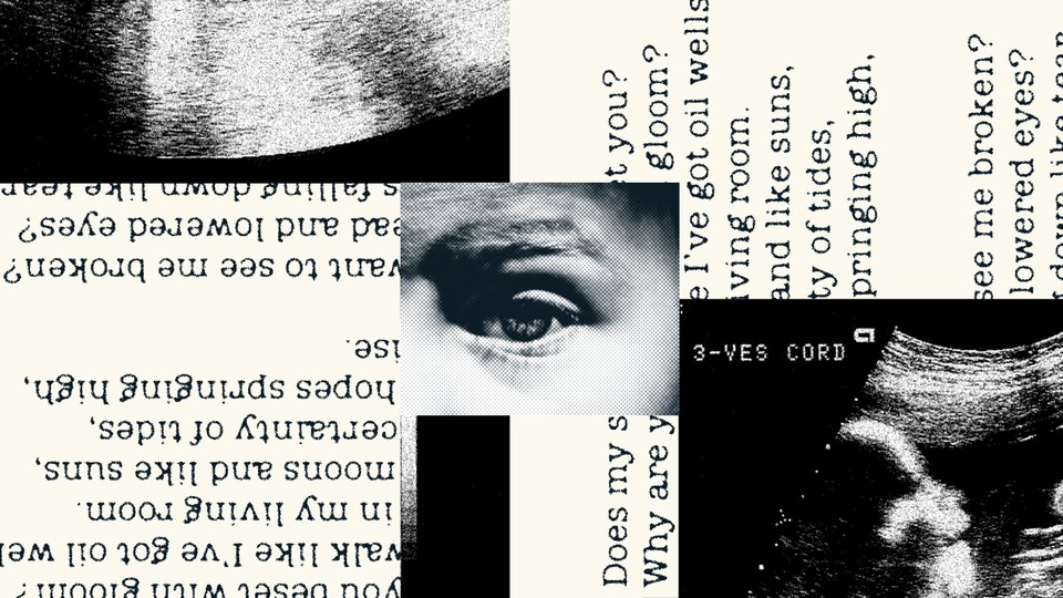 Images of a sonogram and an eye spliced over a page from a book.