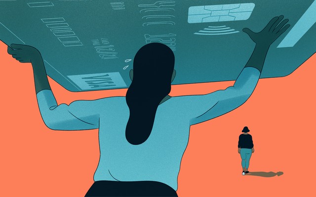 An illustration of a girl holding up a giant credit card.