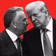Black-and-white photograph of Steve Witkoff whispering into Donald Trump’s ear, against a red background