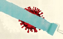 A paint roller in blue-green starts to paint over a red coronavirus.