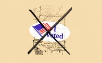 An illustration showing an "I Voted" sticker crossed out