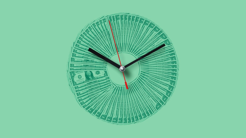 Dollar bills fanned out to form a clock
