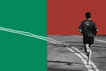 Illustration with black-and-white photo from behind of Nick Thompson running down a road, with the middle lane lines stretching out into the distance on a red and green background.