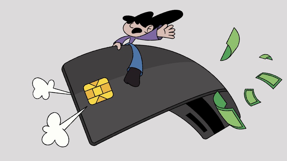 An illustration showing a person riding a credit card like an angry bull.