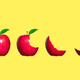 An image of apples, with progressively more bites taken out of them, against a yellow background