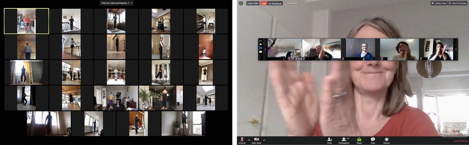 diptych of a grid of a dancers on one side and a woman clapping on the other