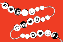 black-and-white illustration of friendship bracelet loosely strung with smileys, hearts, faces of Marshall, Higgins, Herlihy, and letters P D D on red background