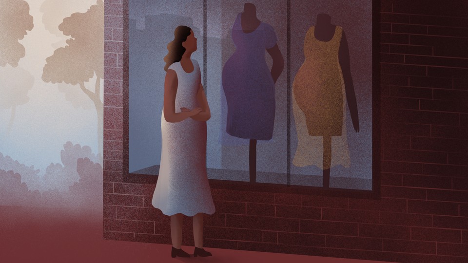 An illustration of a woman walking past a maternity store.