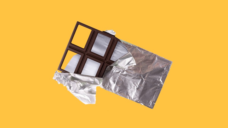 Illustration of a half-unwrapped chocolate bar. Each square of chocolate is just an empty brown frame.