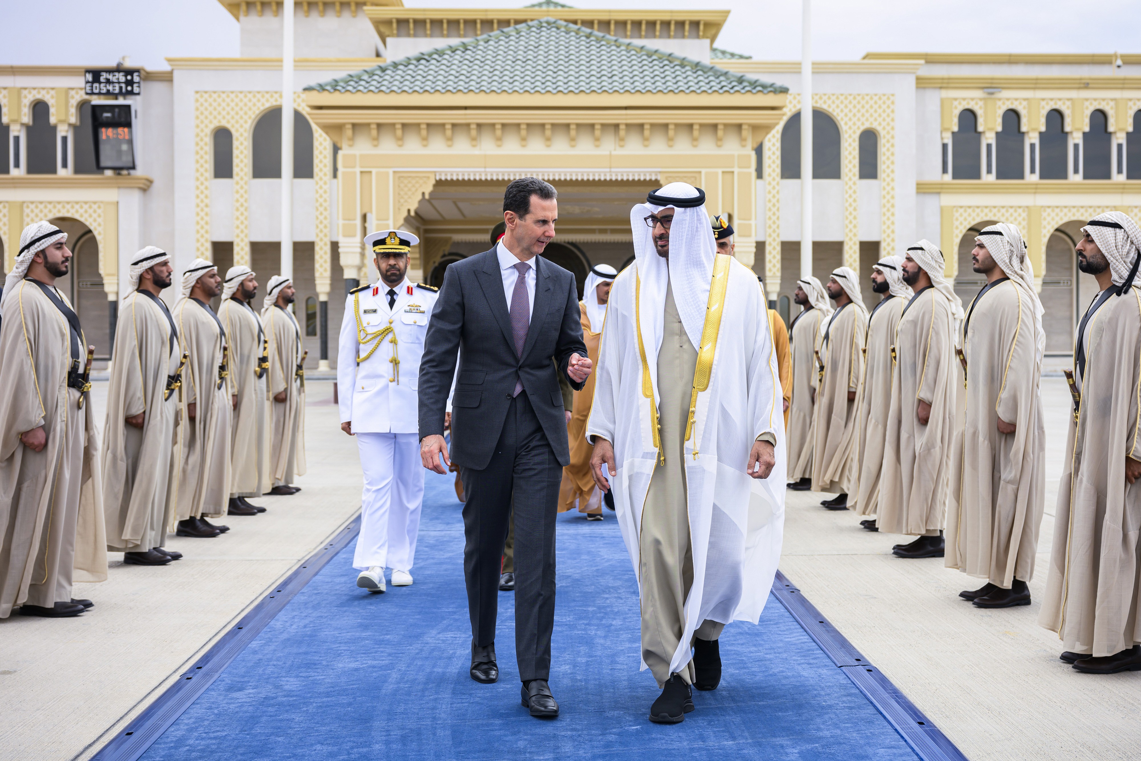 Bashar al-Assad with President of the United Arab Emirates, Mohamed bin Zayed Al Nahyan in Abu Dhabi.