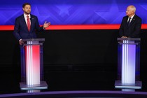 J. D. Vance and Tim Walz on the debate stage during the 2024 Vice Presidential Debate