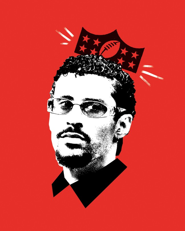 black-and-white image of Bad Bunny wearing glasses and an NFL-football crown on red background