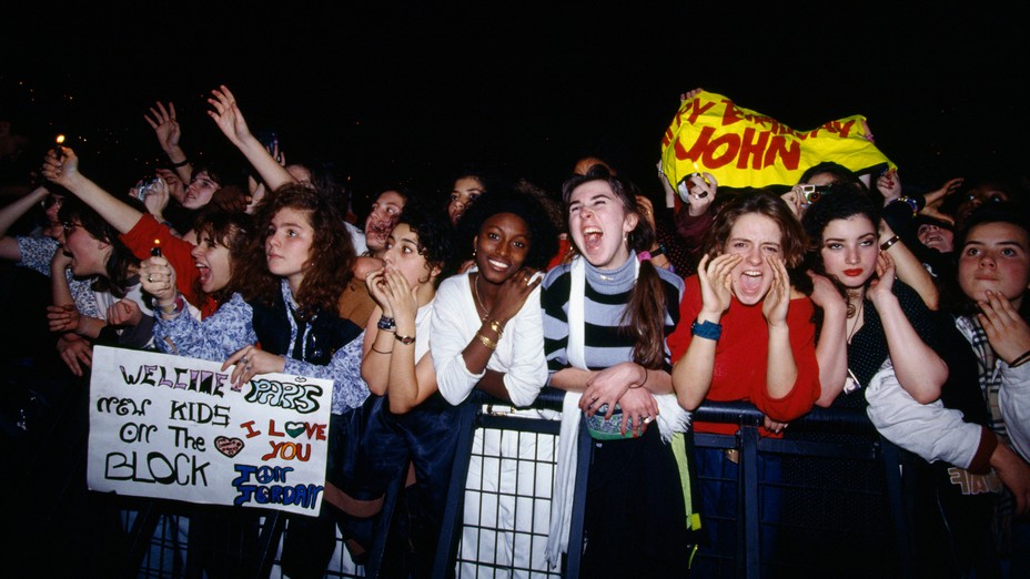A crowd of fans scream and hold posters during a concert.