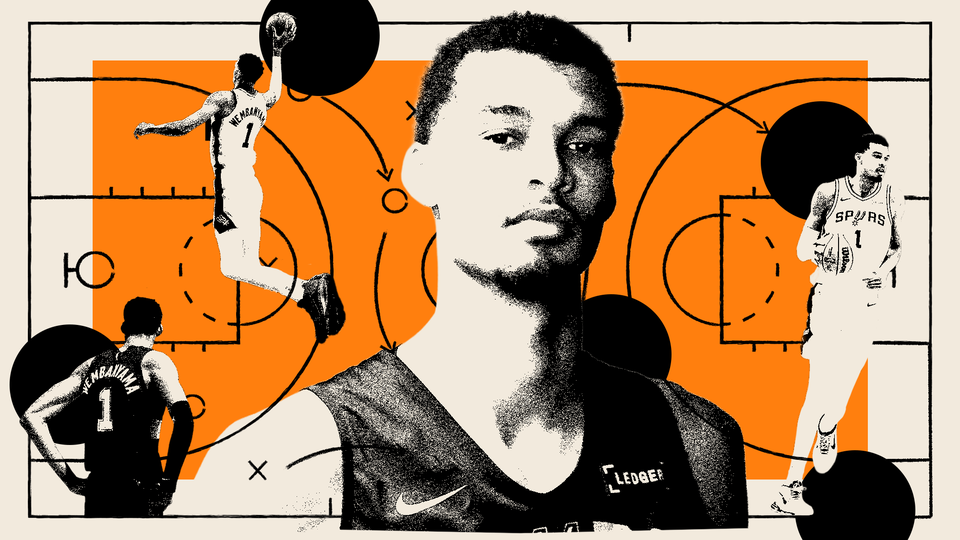 Collage of images of Victor Wembanyama with a schematic drawing of a basketball court