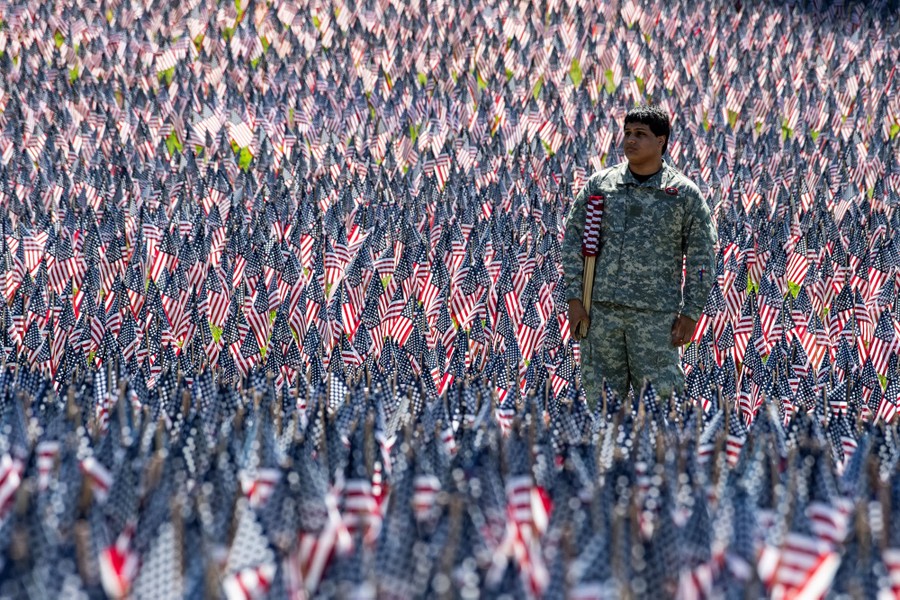 A young person in camouflage uniform carries small American flags while walking through a field of thousands of such flags.