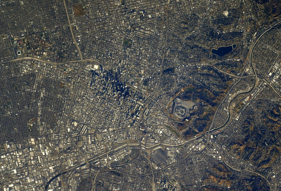 A high overhead view of downtown Los Angeles