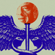An abstract illustration of RFK Jr.'s head atop a caduceus in blue and red
